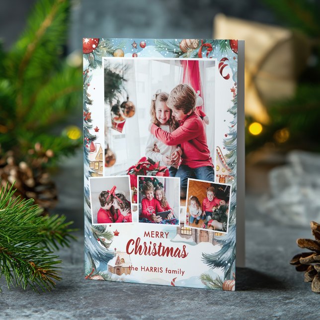 Festive Winter Snö Village Four Photo Helgkort (Skapare uppladdad)