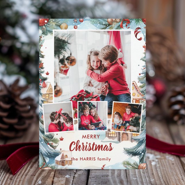 Festive Winter Snö Village Four Photo Julkort (Skapare uppladdad)