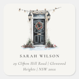 Festive Winter Watercolor Front Door Address Fyrkantigt Klistermärke