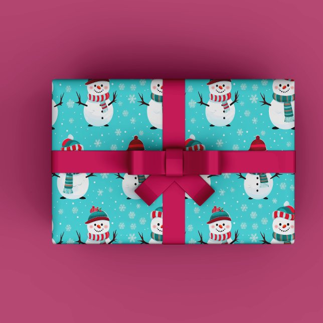Festive Winter Wonderland Blue Snögubbars jul Presentpapper (Festive and Fun Winter Wonderland Blue Happy Snowman Gift Wrapping Paper)