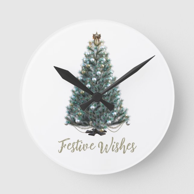 Festive Wishes. Christmas tree design Rund Klocka (Framsida)