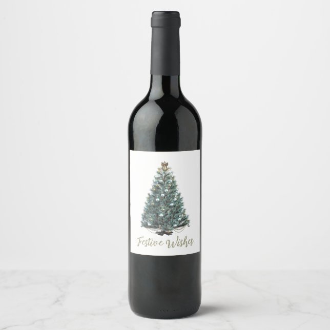 Festive Wishes. Christmas tree design Vinflaska Etikett (Framsida)