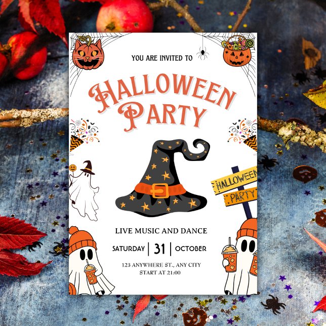 Festive Witch Hat & Spöken Halloween fest Inbjudningar (Festive Witch Hat & Ghosts Halloween Party Invitation
)
