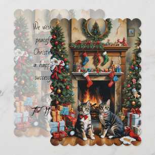 Festivt dekorerat rum, kaminer, katter, vintage