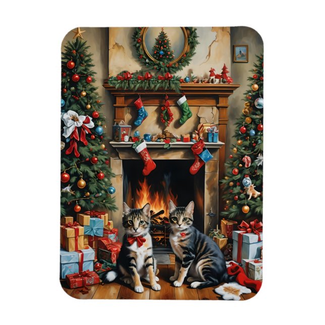 Festivt dekorerat rum, kaminer, katter, vintage magnet (Vertikal)