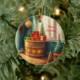 Festivt dekorerat rum, traditionell jul julgransprydnad keramik