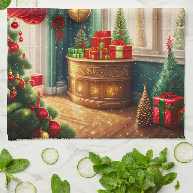 Festivt dekorerat rum, traditionell jul kökshandduk (Vikta)