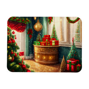 Festivt dekorerat rum, traditionell jul magnet