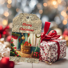 Festivt dekorerat rum, traditionell jul presentetikett