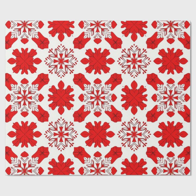 Festivt mönster av röda och vita snöflingor presentpapper (Platt)