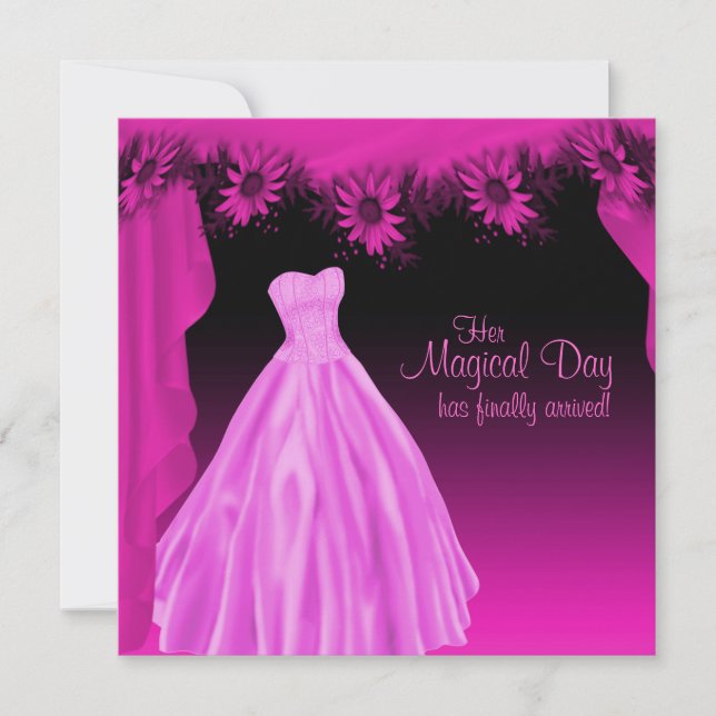 Festklänning Fuchsia varmröd Quinceanera Inbjudningar (Framsida)