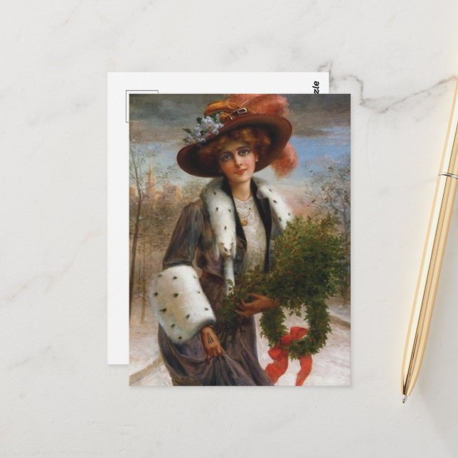 festlig årgång jul dam Helgdag Vykort (Fram/Back In Situ)