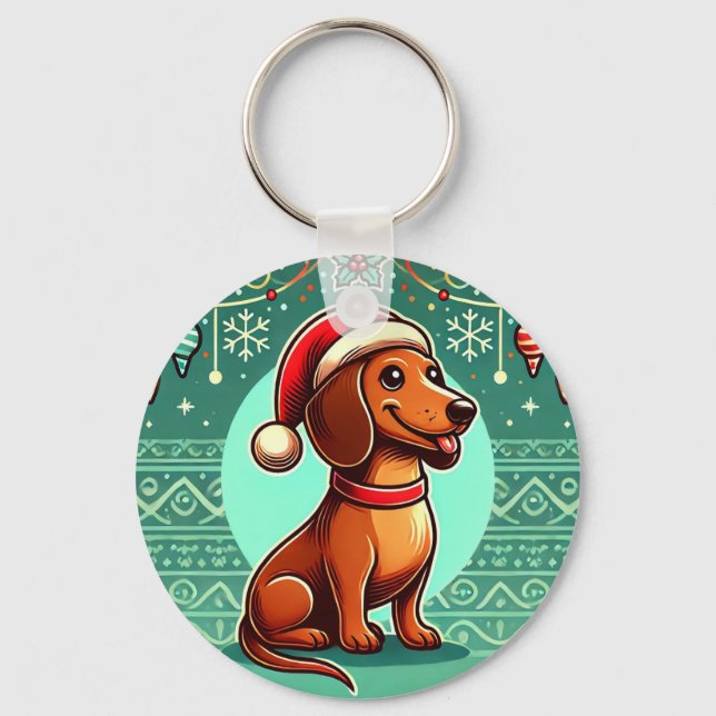 Festlig Dachshund som bär tomtehatt Nyckelring (Framsida)