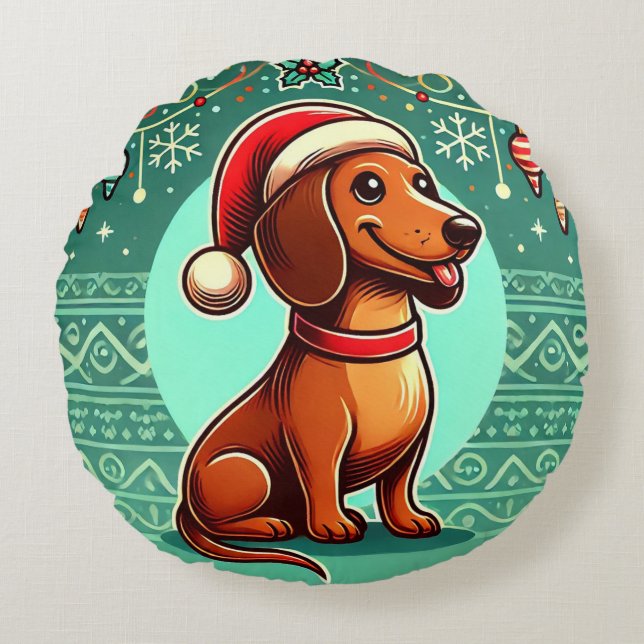 Festlig Dachshund som bär tomtehatt Rund Kudde (Framsidan)
