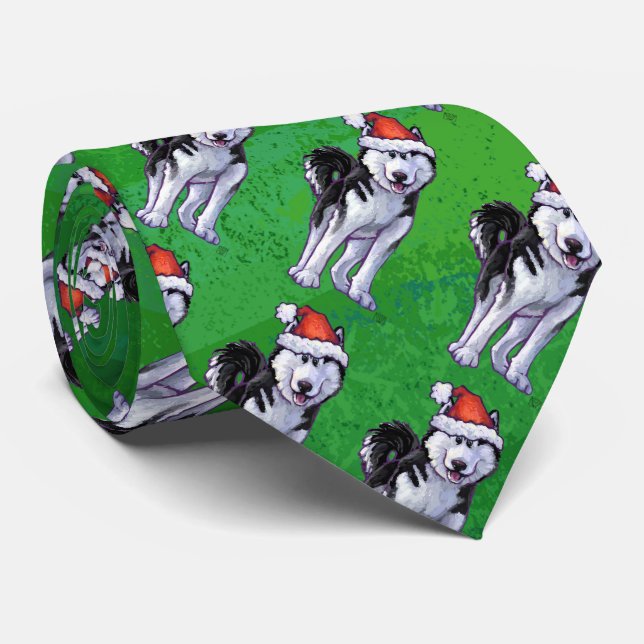 Festlig Husky i den Santa hatten på grönt Slips (Rullad)