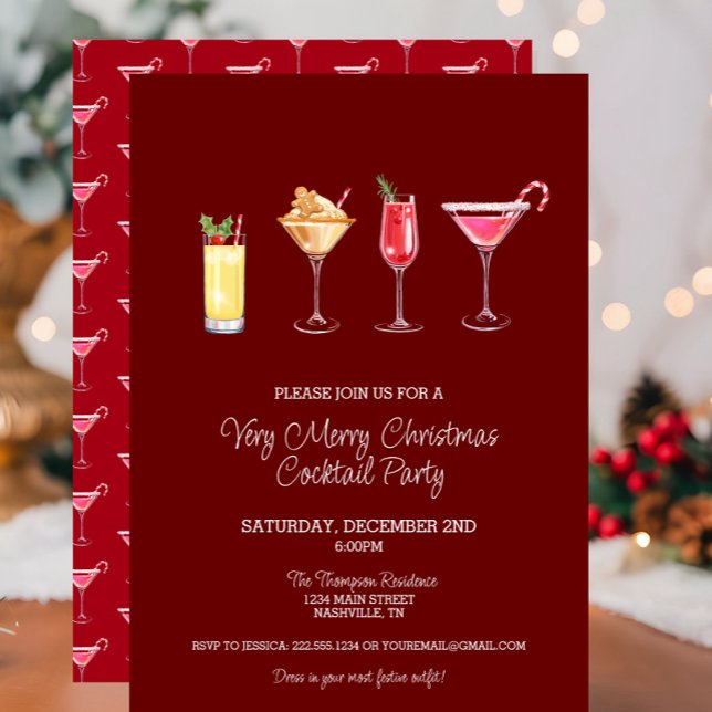 Festlig JulCocktailparty Jul Inbjudningar (Festive Red Christmas Cocktail Party Invitation, Holiday Party Drinks, Martinis, Pink)