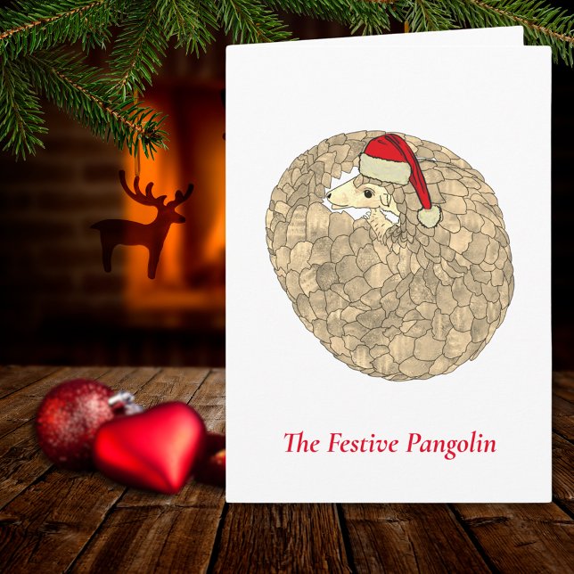 Festlig Pangolin Utrotningshotade Arter Xmas Djur Kort (Christmas pangolin wearing a santa hat festive holiday card)