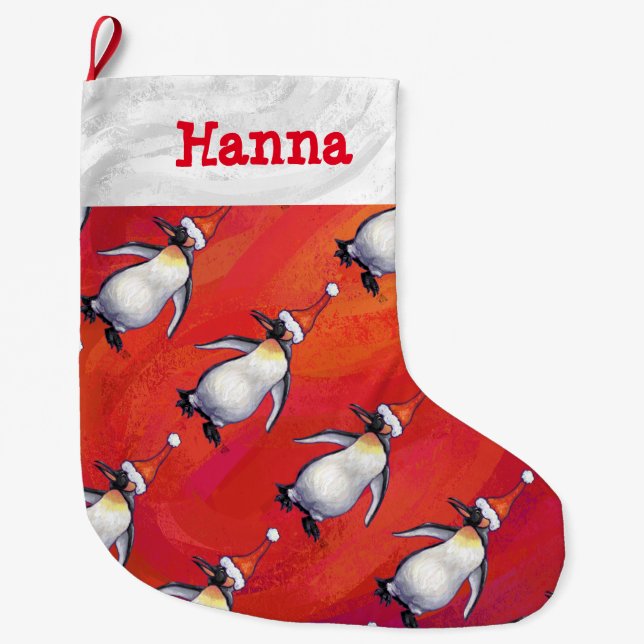Festlig pingvin i ett Santa hattmönster Stor Julstrumpa (Framsidan)
