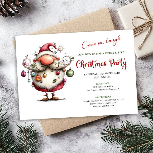 Festlig Rolig Tomte Handskriven Festinbjudan Inbjudningar (Festive Funny Santa Hand Lettered Party Invitation)