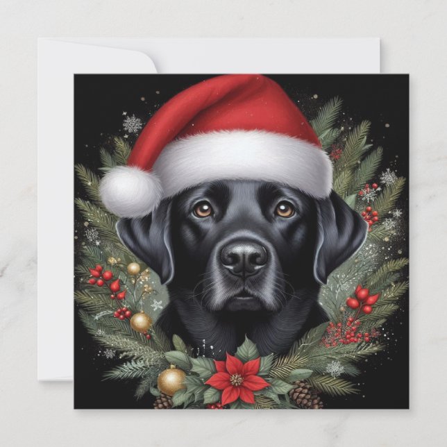 Festlig svart labrador med jultomtehatt  julkort (Framsida)