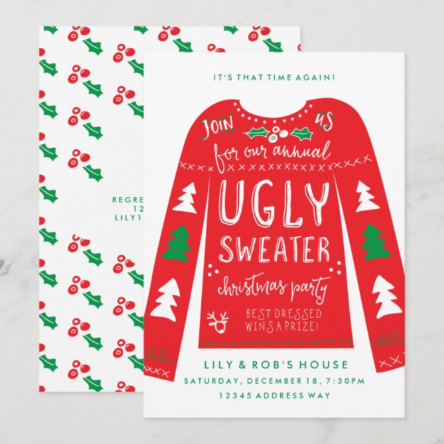 Festlig Ugly Sweater Julfest Inbjudningar (Fram/baksida)