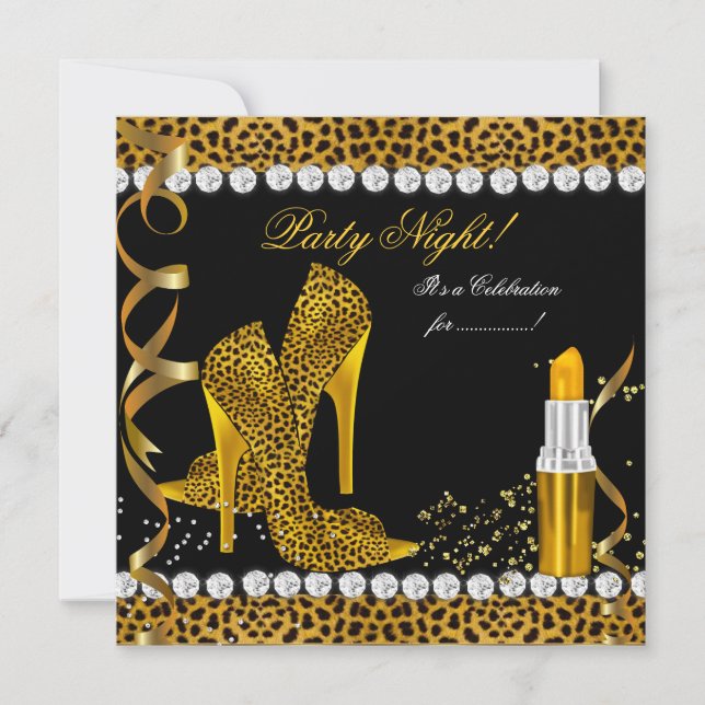 Festnatt Glitter Guld Svarta Leopard Skor Inbjudningar (Framsida)