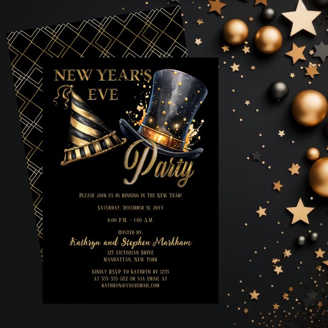 Festsalonger svarta och guld Nyårsfest Inbjudningar (Party Hats in Black and Gold Art Deco New Year's Eve Party Invitation)