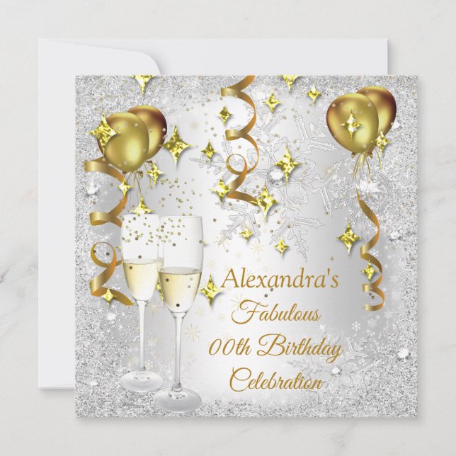 Festsilver Guld Ballong champagne snöflinga Inbjudningar (Framsida)