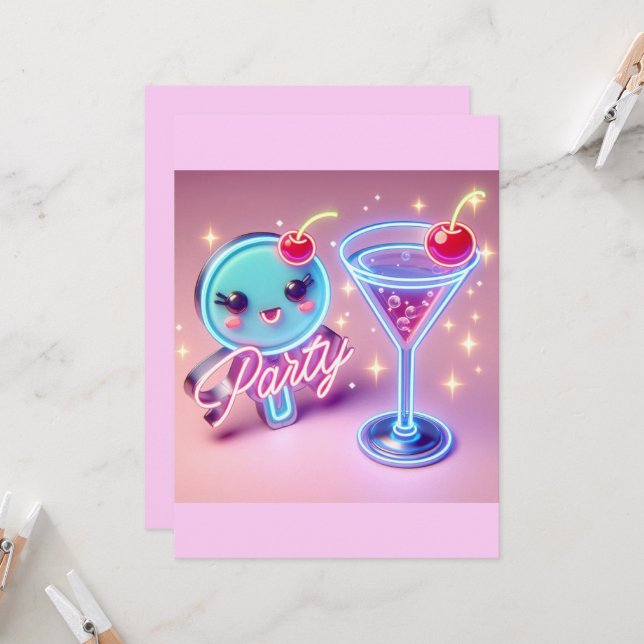 Festtid Neon Rosa Inbjudningar (Fram/Back In Situ)