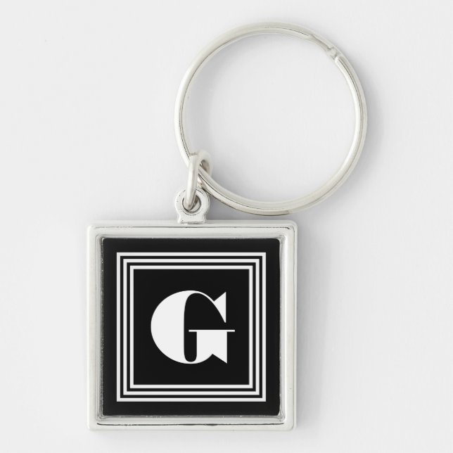 Fet 3 Ram Monogram | Svartvitt Fyrkantig Silverfärgad Nyckelring (Framsidan)