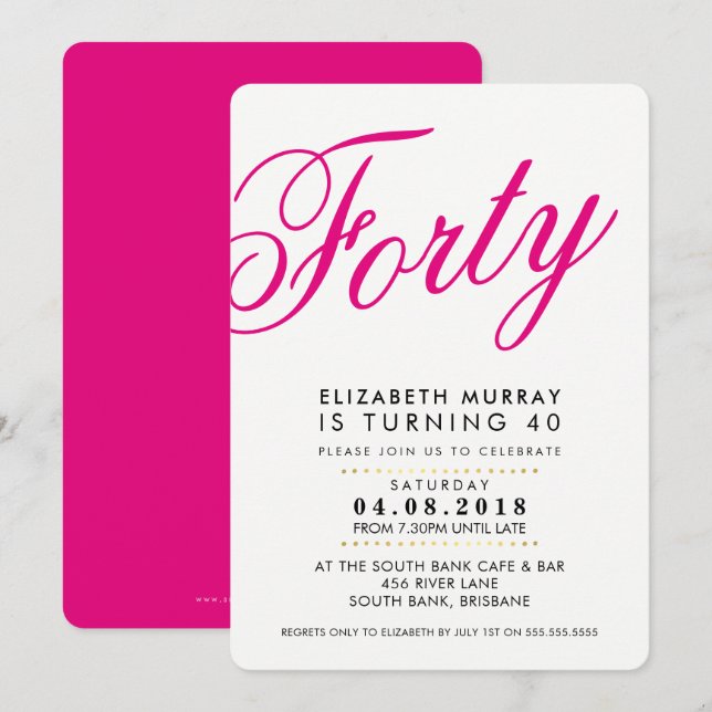 FET 40-årsdagen party INBJUDAN skript svart rosa (Fram/baksida)