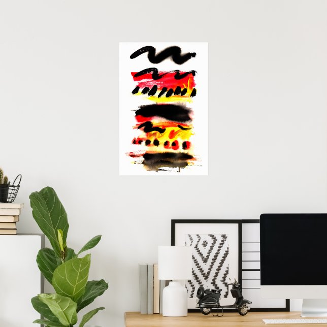 Fet Abstrakt Black Red Gult Floed Färg Poster (Hemmakontoret)