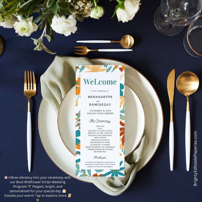 Fet Abstrakt Bright Wildblomskript Bröllop Manar Program (Elegance scripted in vibrant blooms! 🌸✨ #WeddingProgram)