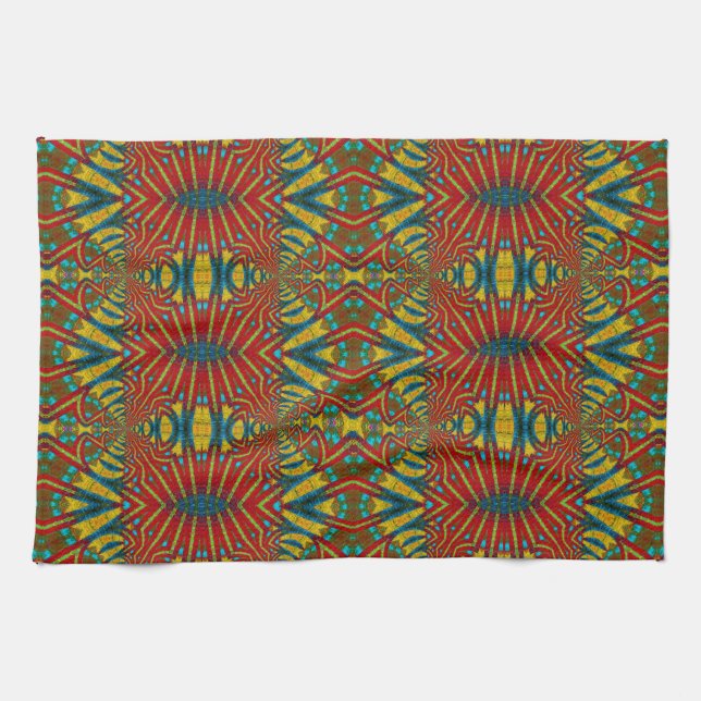 Fet Abstrakt Hippie Red Gult Blue Ethnic Trippy Kökshandduk (Horisontell)