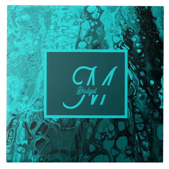 Fet Aqua Teal Marble Monogram Kakelplatta (Framsidan)