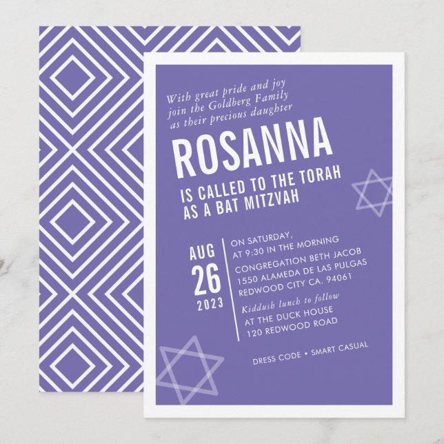 FET BAT MITZVAH, söt, modern vinkel lilak vit Inbjudningar (Fram/baksida)