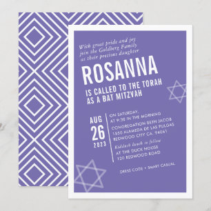 FET BAT MITZVAH, söt, modern vinkel lilak vit Inbjudningar
