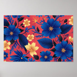 Fet blå och Gult Blommigt på Röd bakgrund Poster