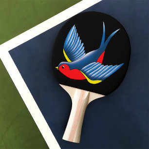 Fet Blå Traditionell Svalfågel Tatuering Stil Pingisracket