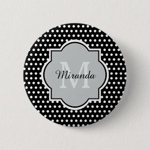 Fet Black and White Polka dots Monogram och Namn Knapp