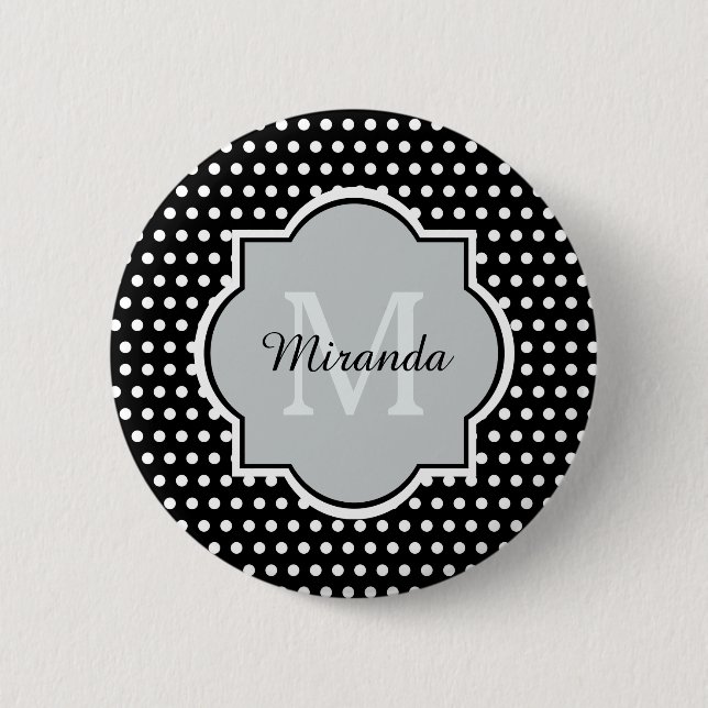 Fet Black and White Polka dots Monogram och Namn Knapp (Framsida)