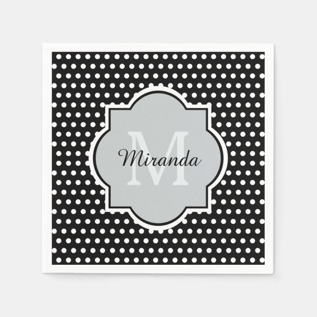 Fet Black and White Polka dots Monogram och Namn Pappersservett (Framsidan)
