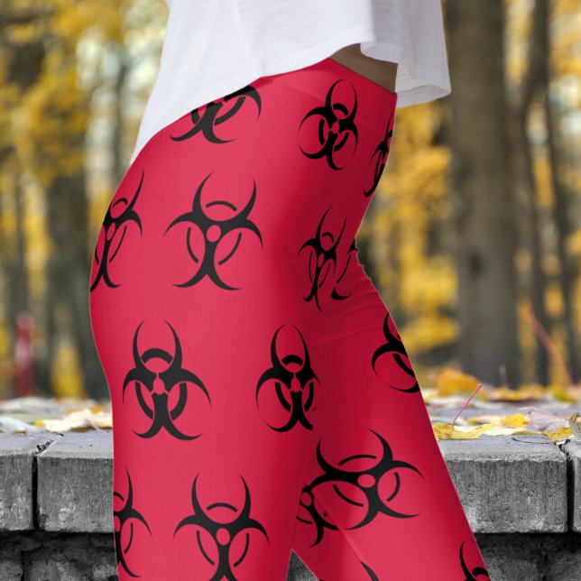Fet Black och Red Biohazard Mönster Leggings (Biohazard Black on Red Leggings)