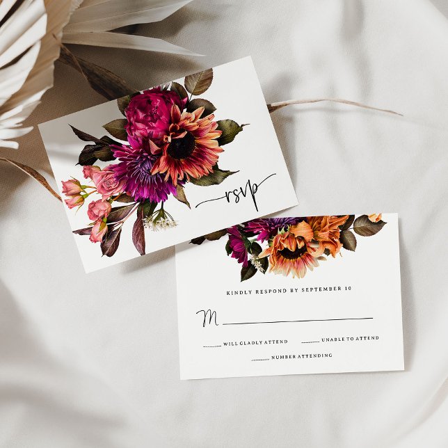 Fet Blommigt | Dramatisk och Elegant bröllop OSA Kort (A bold and colorful floral wedding rsvp card)