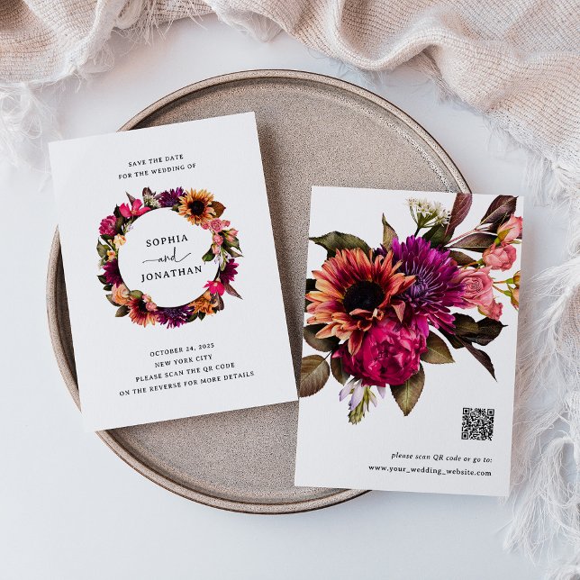 Fet Blommigt | Färgämnen och Elegant med QR-kod Spara Datumet (A bold and bright floral save the date card with QR code)