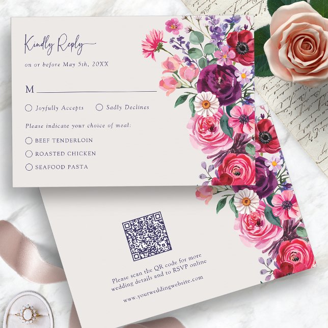 Fet Blommigt OSA kort (Bold Jewel Tone Watercolor Floral RSVP Card with QR Code by Painted Paperie
)