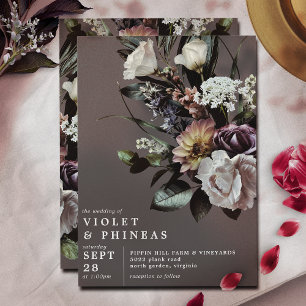Fet Blommigt på Mörk Grått Modern Bröllop Inbjudningar