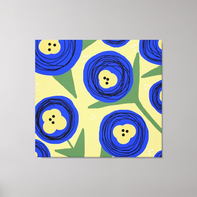 Fet Blommigt Poppies Gult Blue Abstrakt Doodles Canvastryck (Framsida)