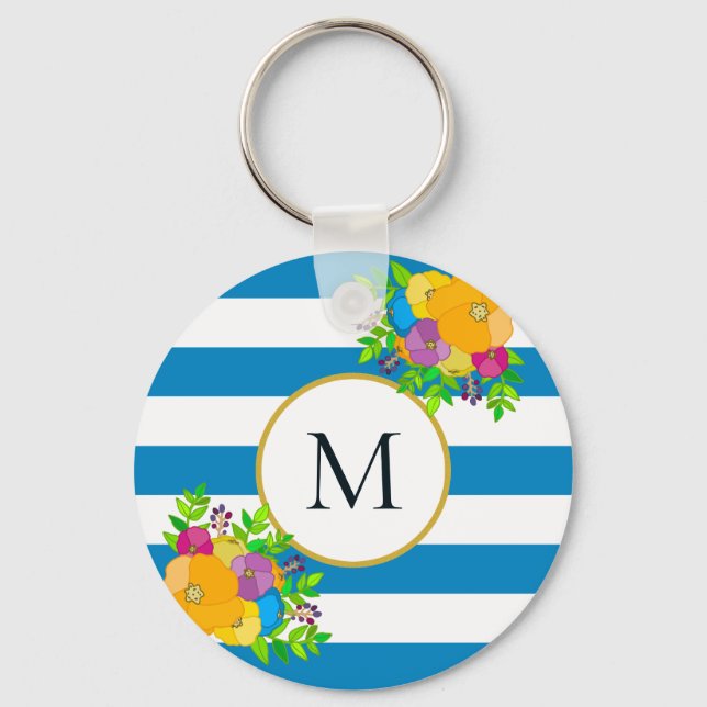 Fet Blommigt Tropical Blue White Stripe Monogram Nyckelring (Framsida)