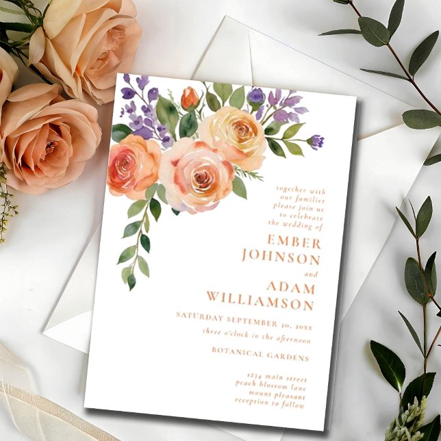 Fet Blommigt Vattenfärg Persikofärgad Blommar Bröl Inbjudningar (Skapare uppladdad)